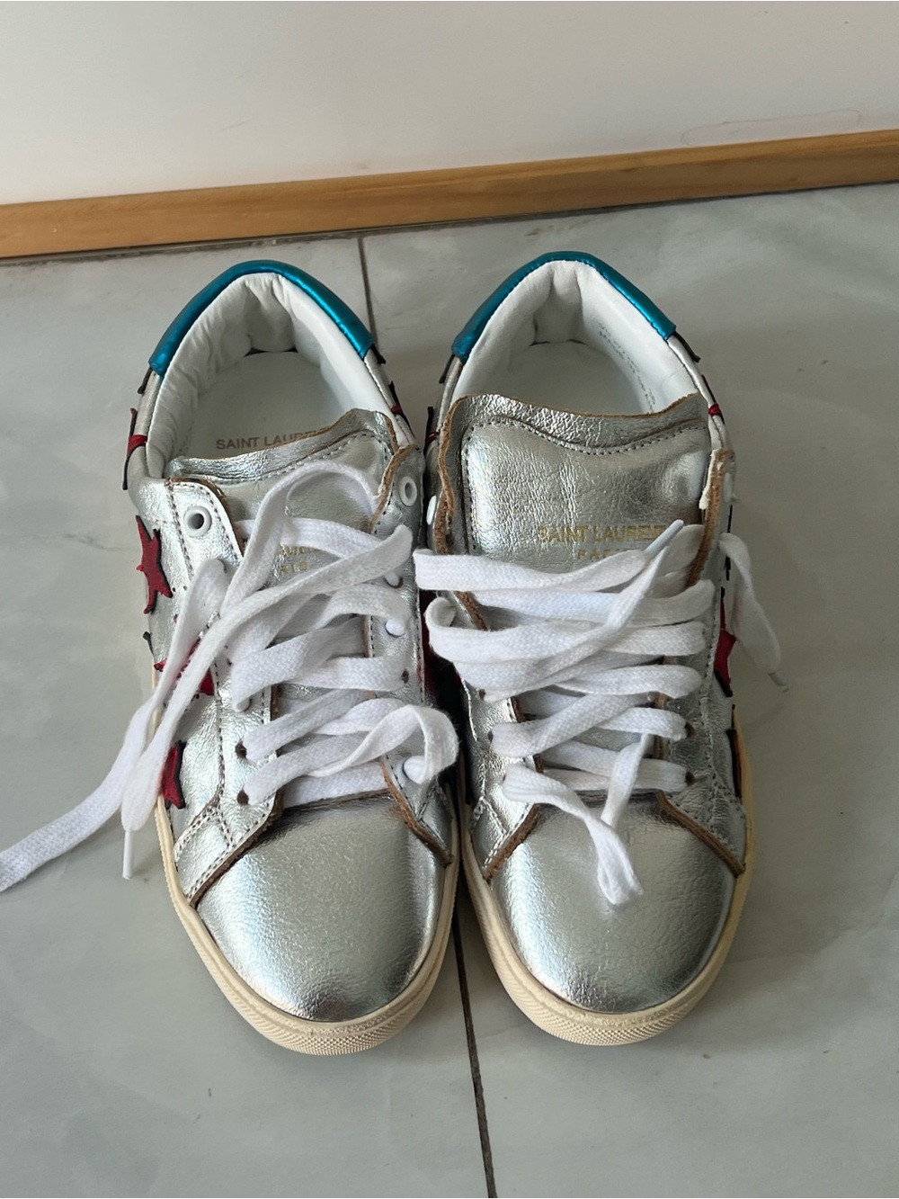 Saint Laurent Metallic Silver Leather Sneakers with Red Accents